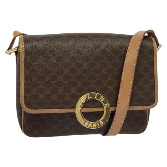 CELINE Macadam Canvas Circle Shoulder Bag Pvc Leather Brown Gold - Picture 1 of 13